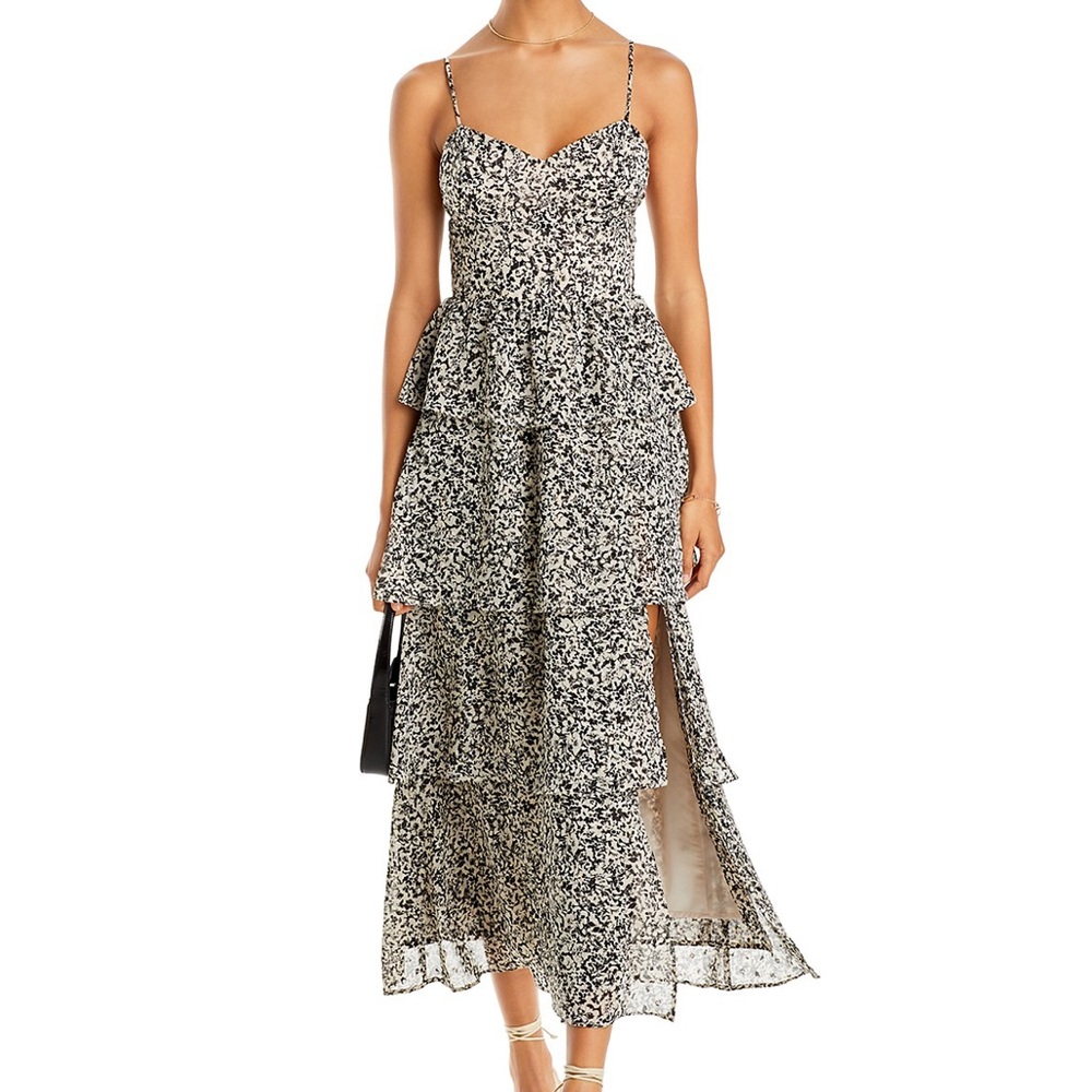 Aqua ruffle dress size S. Black and ivory with gold metallic detail. Worn twice.